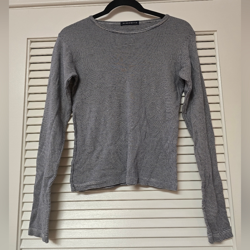 Brandy Melville - 100% Cotton Blue & White Long-Sleeve Casual Top
